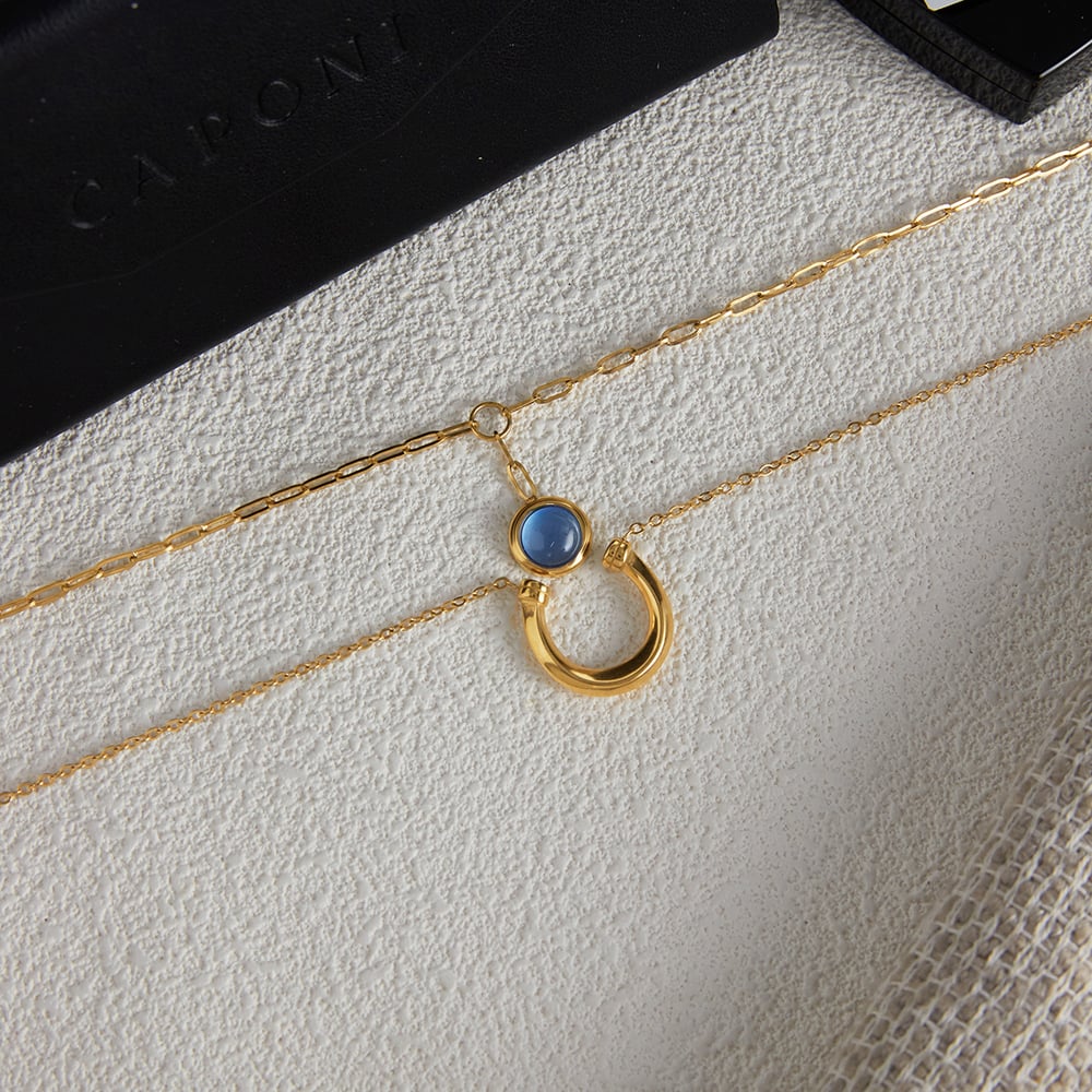 Collana con ciondolo da donna in acciaio inossidabile color oro con cerchio in resina blu classico da 1 pezzo h5Immagine6