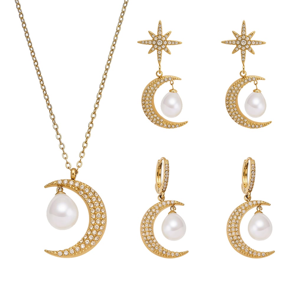 Classic Star&Moon Stainless Steel Gold Color Zircon Women's Jewelry Sets Picture5