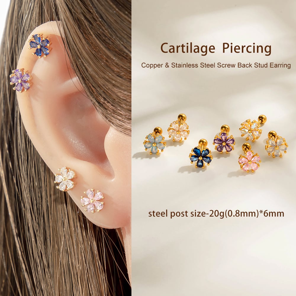 1 Piece Flower Copper Gold Color Zircon Piercing Earring Picture4