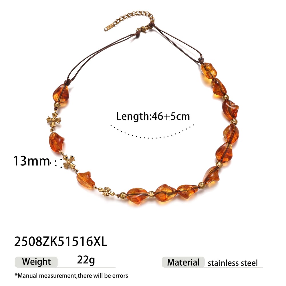 Cross Stainless Steel Gold Color Acrylic Beaded Necklace