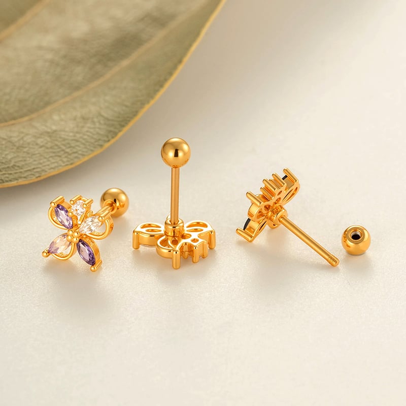 1 Piece Flower Copper Gold Color Zircon Piercing Earring Picture3
