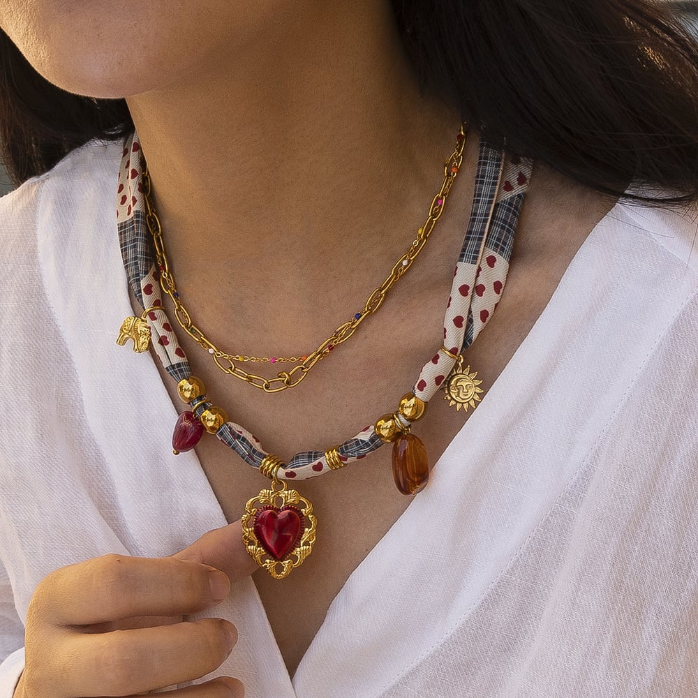 1 Piece Heart Stainless Steel Gold Color Fabric Pendant Necklace h5Picture2