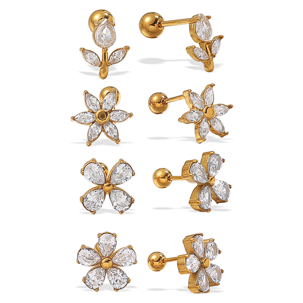 1 Paar Blume Edelstahl Gold Farbe Zirkon Piercing Ohrringe Bild4