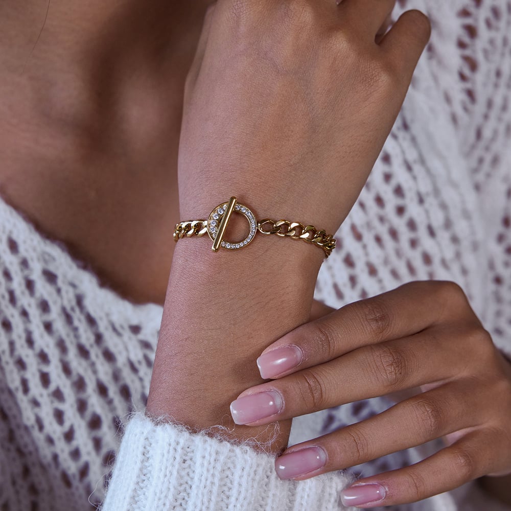 1 pulsera de cadena de acero inoxidable color dorado con circonita OT de lujo para mujer Imagen3
