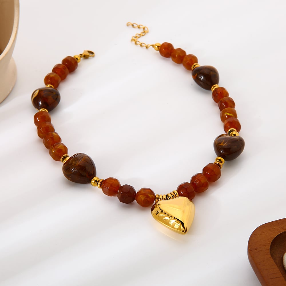 1 Piece Retro Heart Beads Acrylic Gold Color Women's Pendant Necklaces h5Picture5