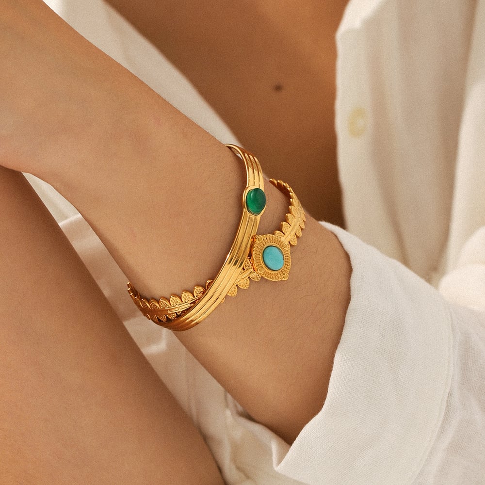 1 Piece Retro Stainless Steel Gold Color Natural Stone Cuff Bracelet Picture4