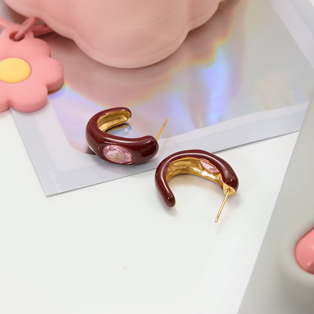 1 Pair Vintage Red Stainless Steel Gold Color Zircon Women's Hoop Earrings h5Picture4