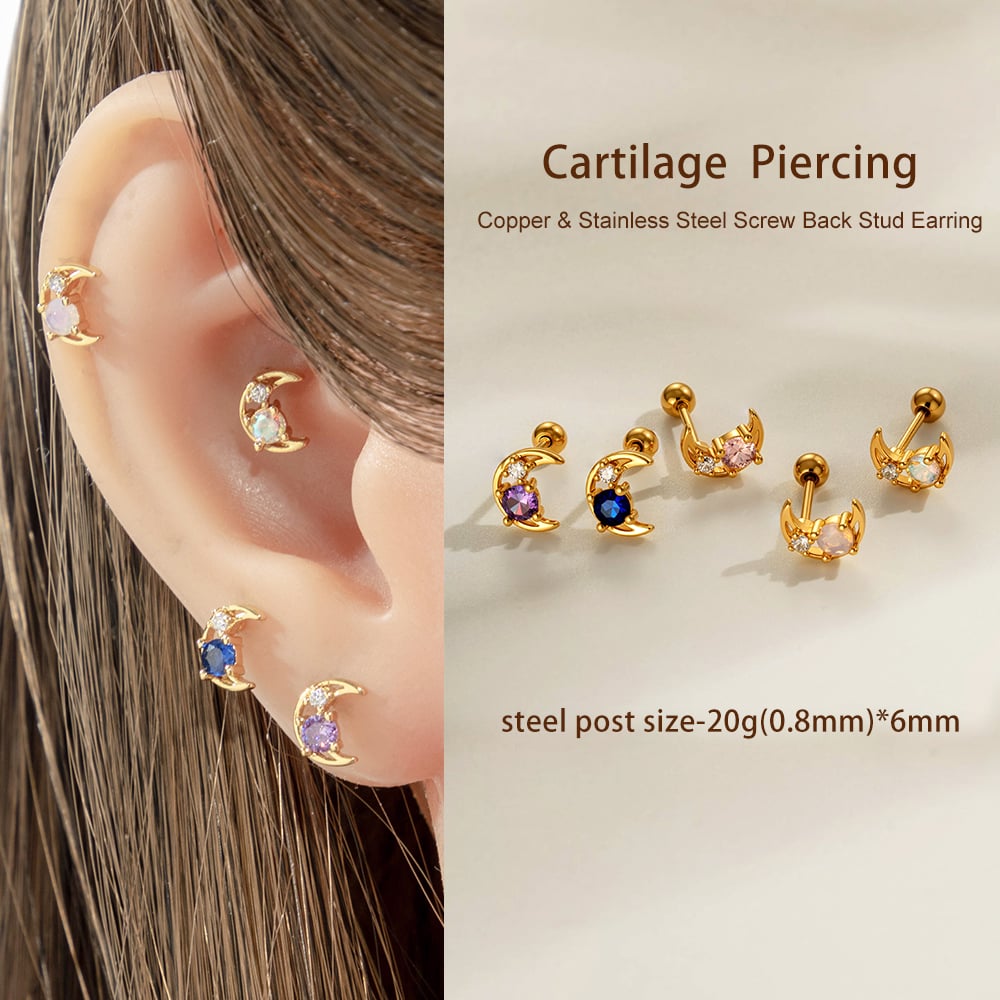 1 Piece Moon Copper Gold Color Zircon Piercing Earring Picture4