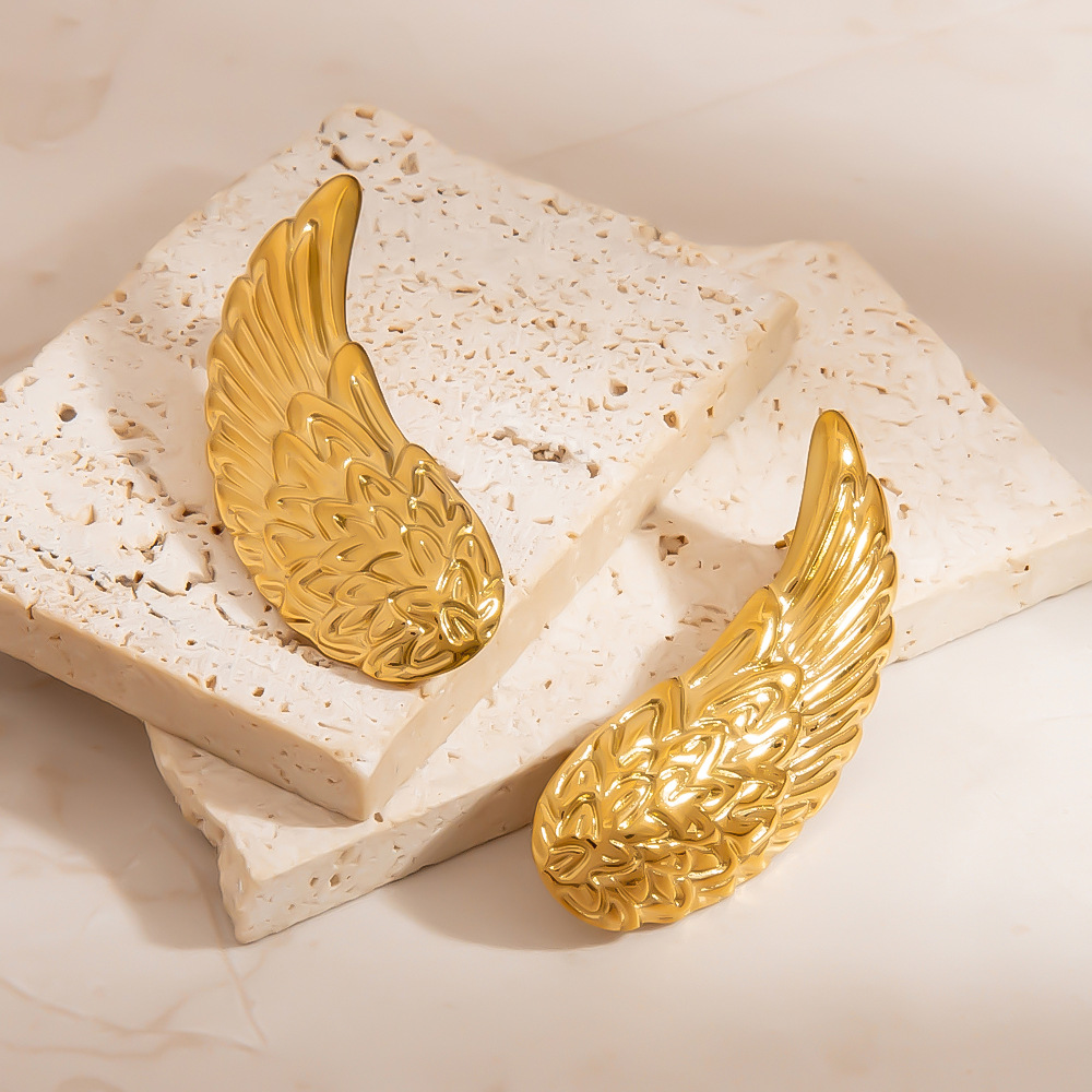 1 Pair Punk Wings Stainless Steel Gold Color Stud Earrings h5Picture3