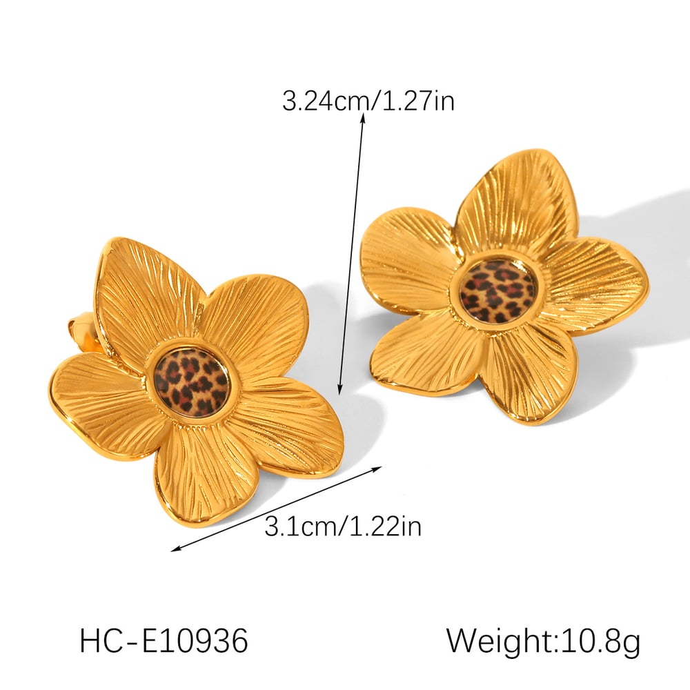 1 Pair Retro Flower Stainless Steel Leopard Gold Color Earring Set h5Picture2