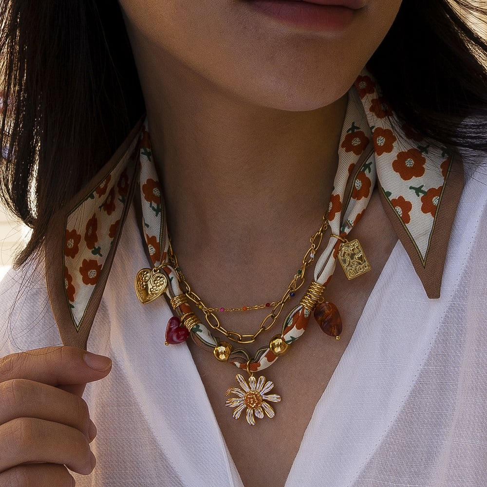 1 Parça Çiçek Paslanmaz Çelik Altın Rengi Kumaş Kolye h5Resim4