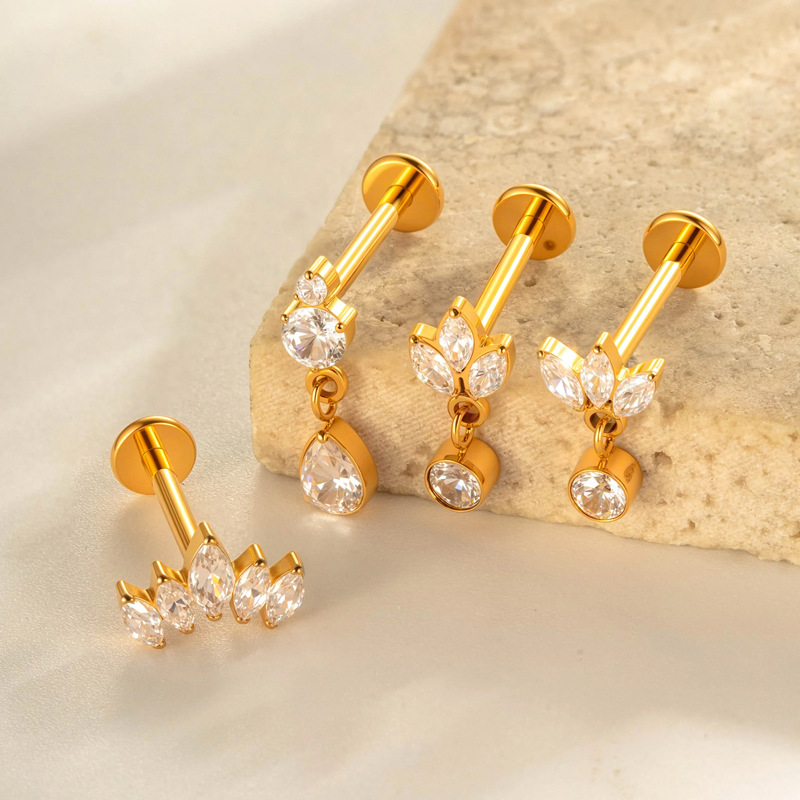 1 Stück Klassische Tropfen Titanlegierung Gold Farbe Zirkon Damen Piercing Ohrringe Bild3