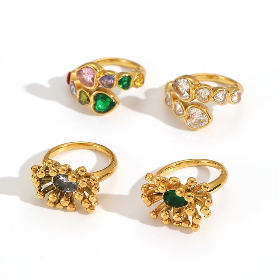 1 Piece Retro Flower Stainless Steel Gold Color Gemstone Ring Picture3