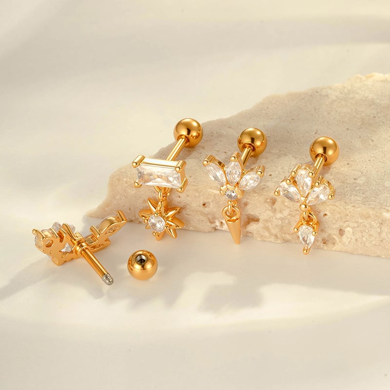 1 Stück geometrische Figur Kupfer Gold Farbe Zirkon Damen Piercing Ohrringe Bild4