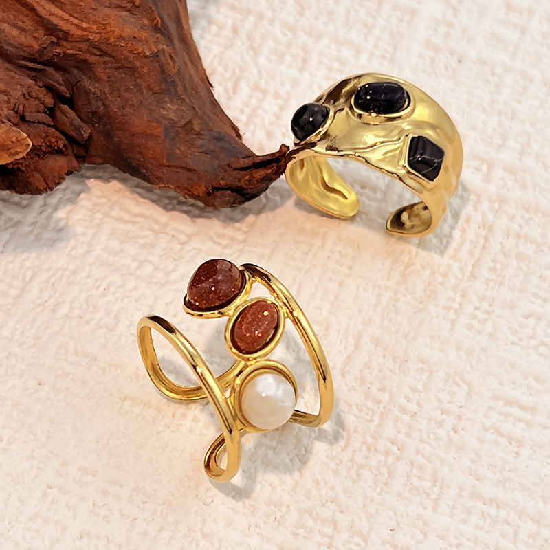 1 Parça Retro Düzensiz Şekil Paslanmaz Çelik Altın Rengi Doğal Taş Yüzük Resim3