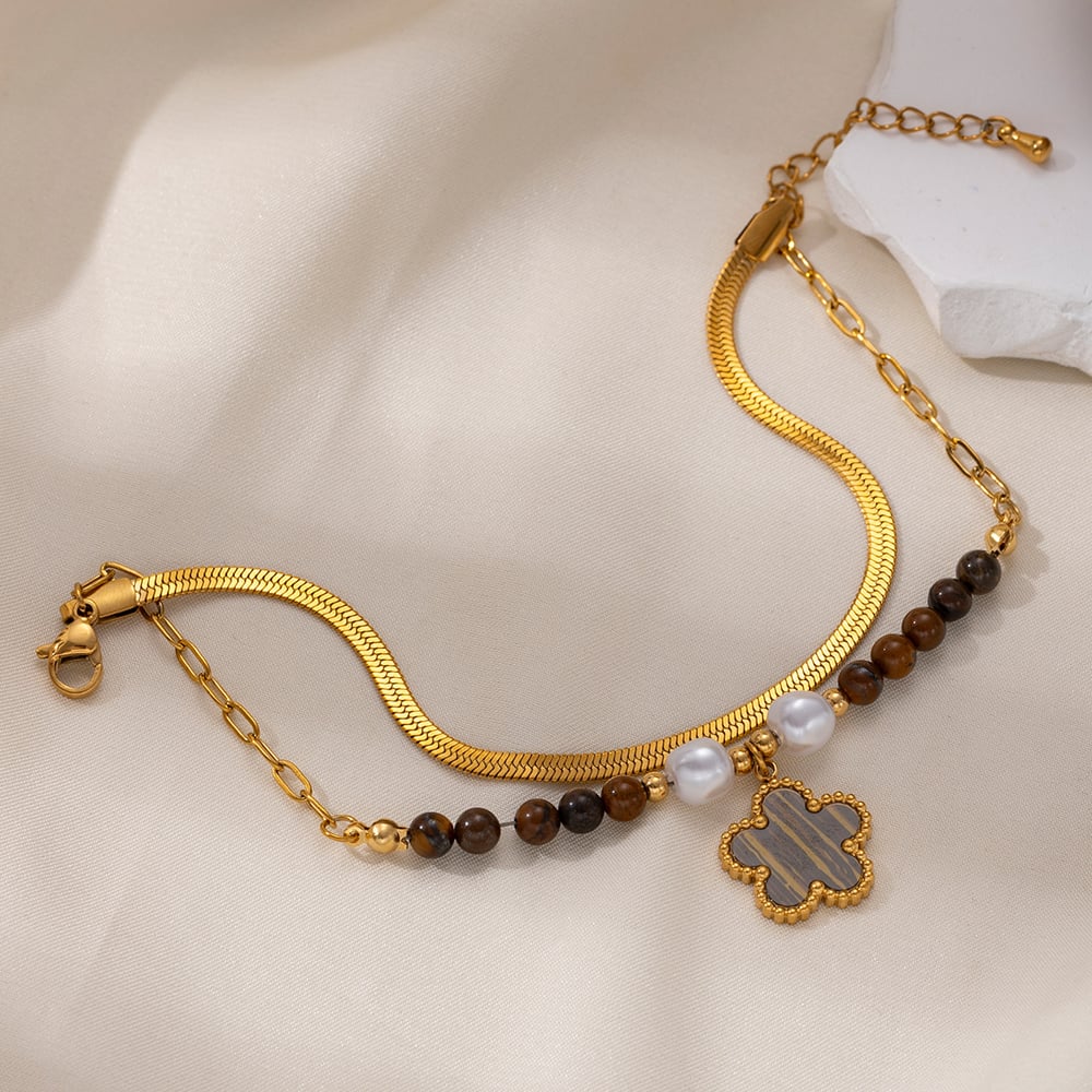 Braccialetto con perline in pietra naturale color oro in acciaio inossidabile con sole, 1 pezzo h5Immagine4