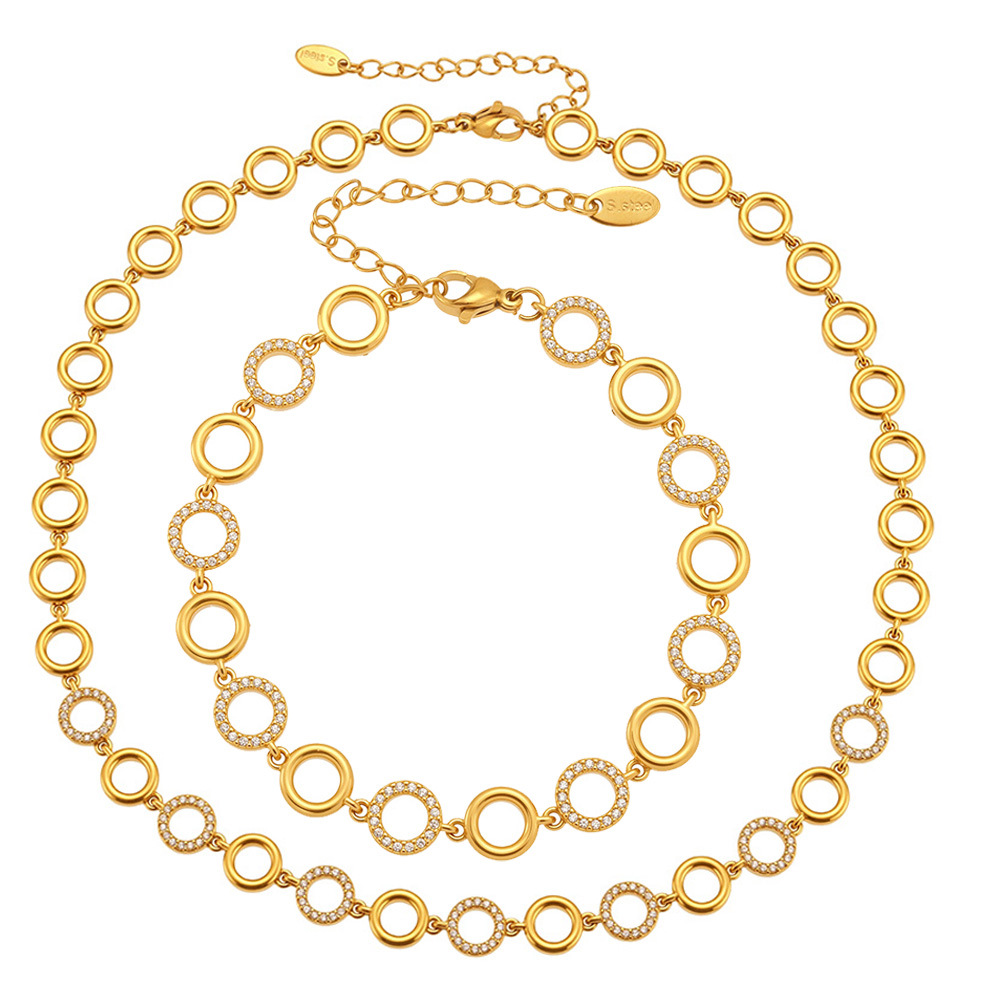 Klassischer Kreis Edelstahl Gold Farbe Zirkon Damen Schmuck Sets Bild4