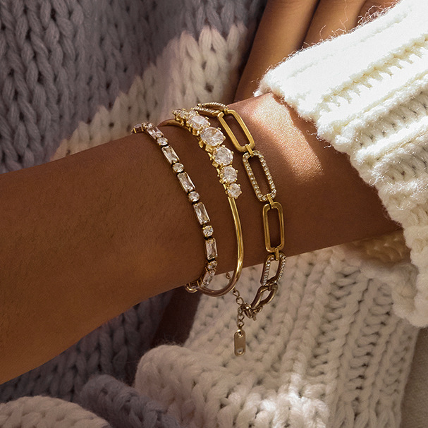 1 Piece Luxurious Circle Stainless Steel Gold Color Zircon Women's Bangles h5Picture3