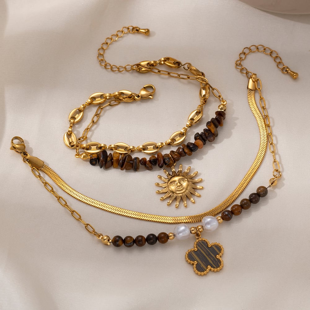 Braccialetto con perline in pietra naturale color oro in acciaio inossidabile con sole, 1 pezzo h5Immagine2