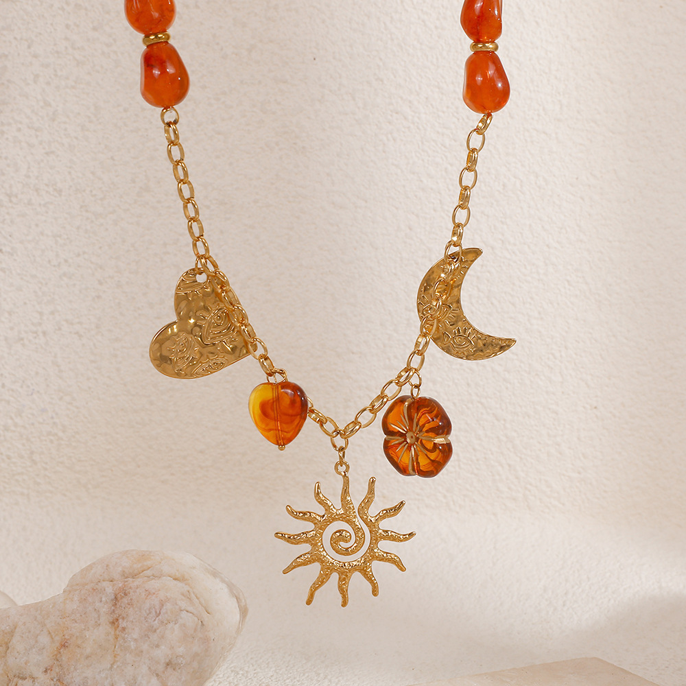 1 Stück ethnische DIY Blume Herz Sonne Edelstahl Damen Perlen Halsketten Bild3