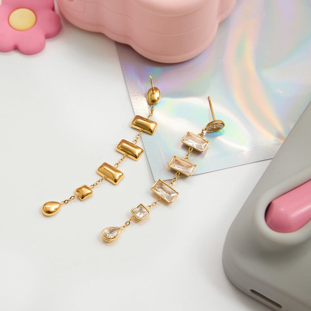 1 Pair Exquisite Rectangle Stainless Steel Gold Color Zircon Women's Dangle Earrings h5Picture5