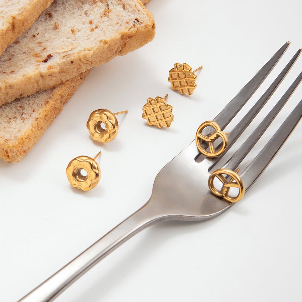 1 Pair Cute Doughnut Stainless Steel Gold Color Women's Stud Earrings Picture5
