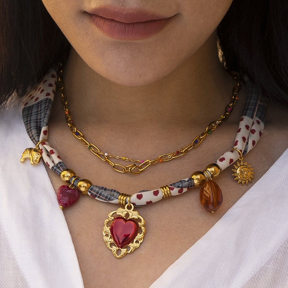 1 Piece Heart Stainless Steel Gold Color Fabric Pendant Necklace h5Picture4