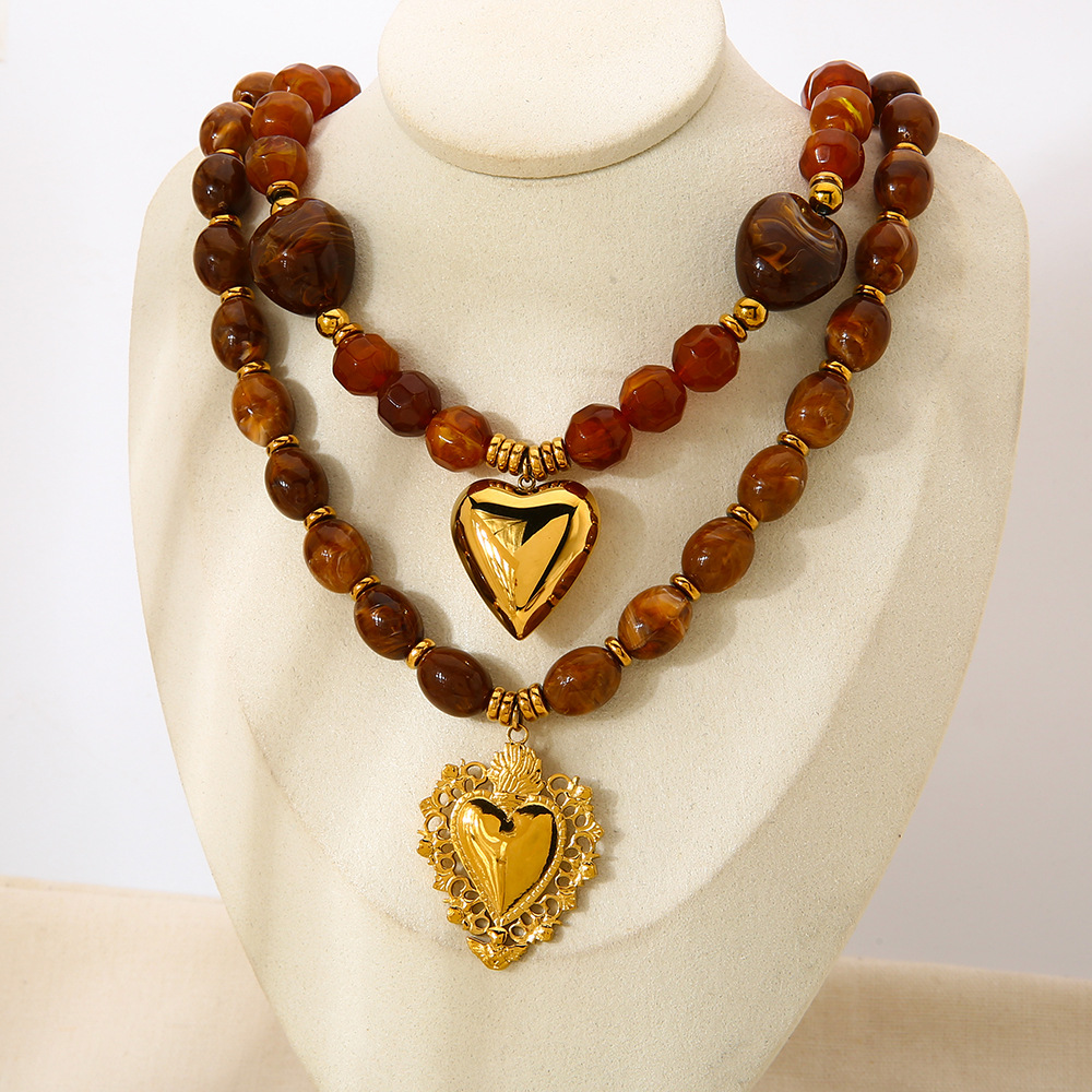 1 Piece Retro Heart Beads Acrylic Gold Color Women's Pendant Necklaces h5Picture3