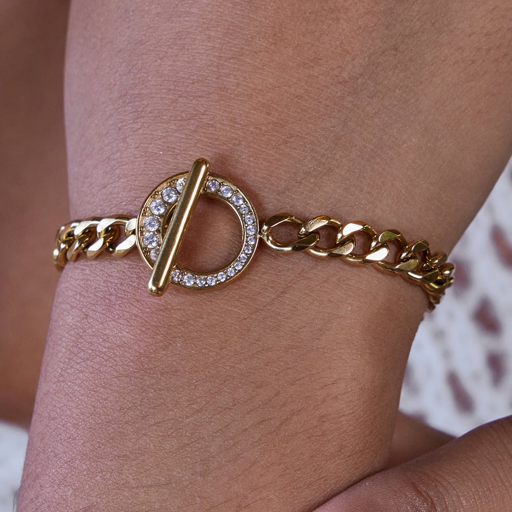 1 pulsera de cadena de acero inoxidable color dorado con circonita OT de lujo para mujer Imagen5