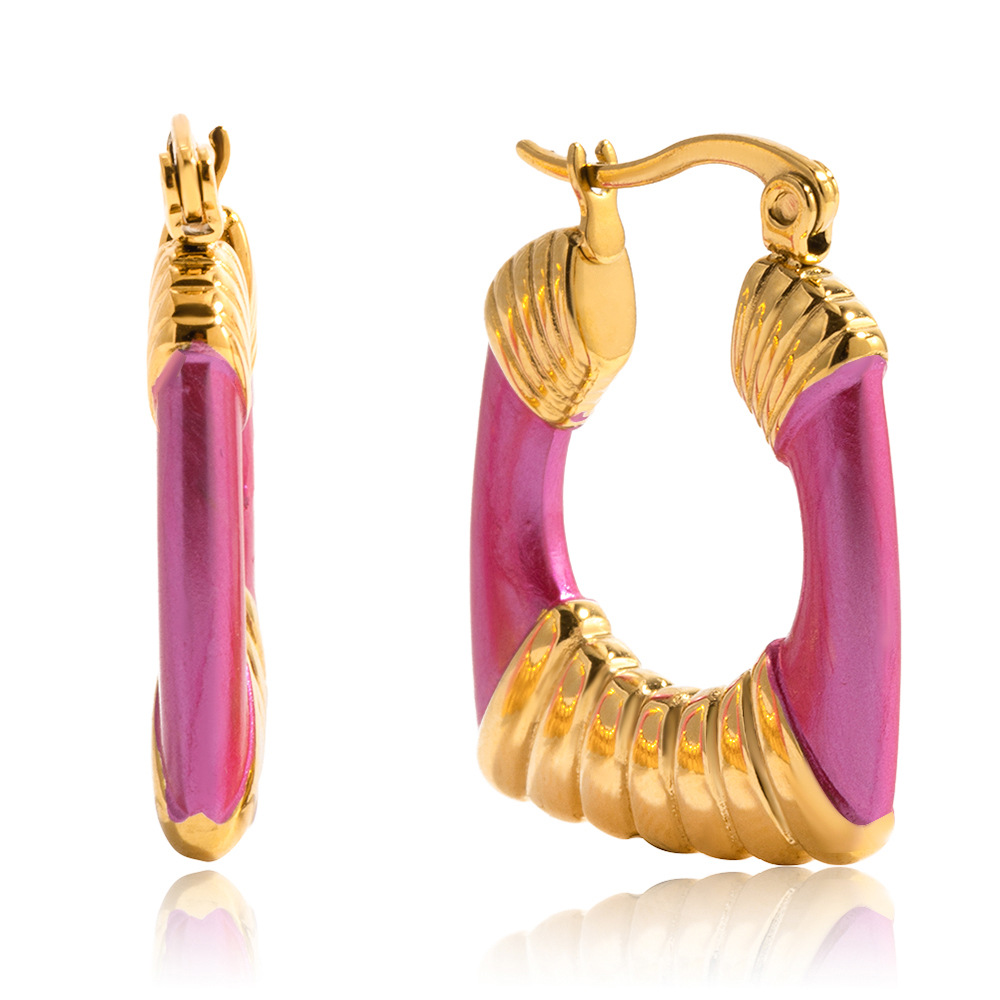 1 Pair Radiant Pink Rectangle Stainless Steel Gold Color Women's Hoop Earrings