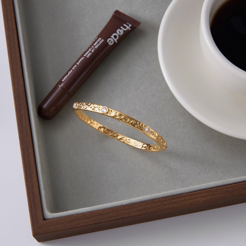 1 Piece Hammer Pattern Stainless Steel Gold Color Zircon Women's Bangles Picture9