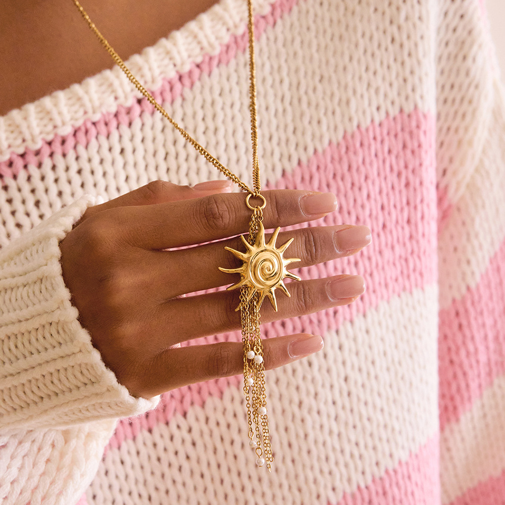 1 Piece Romantic Series Flower Tassel Stainless Steel Gold Color Women's Long Necklaces h5Picture4