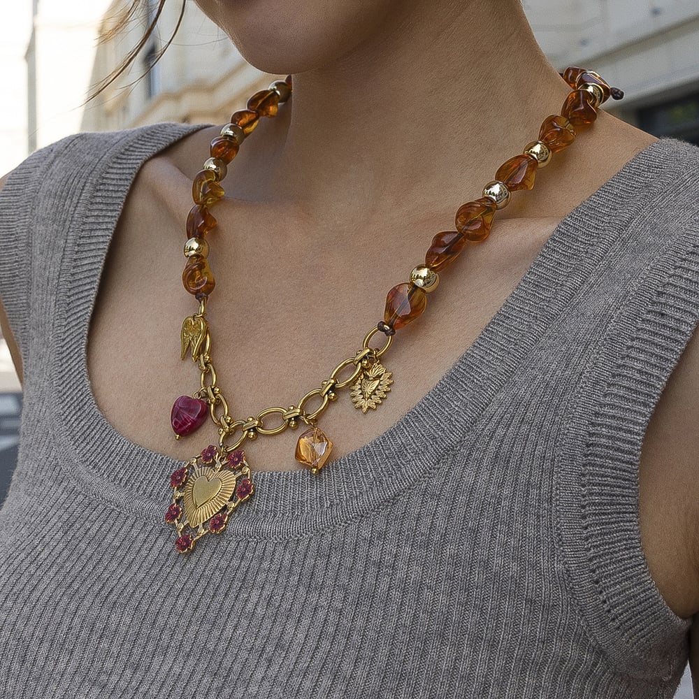 Retro Beads Acrylic Heart Pendant Necklace Set h5Picture2
