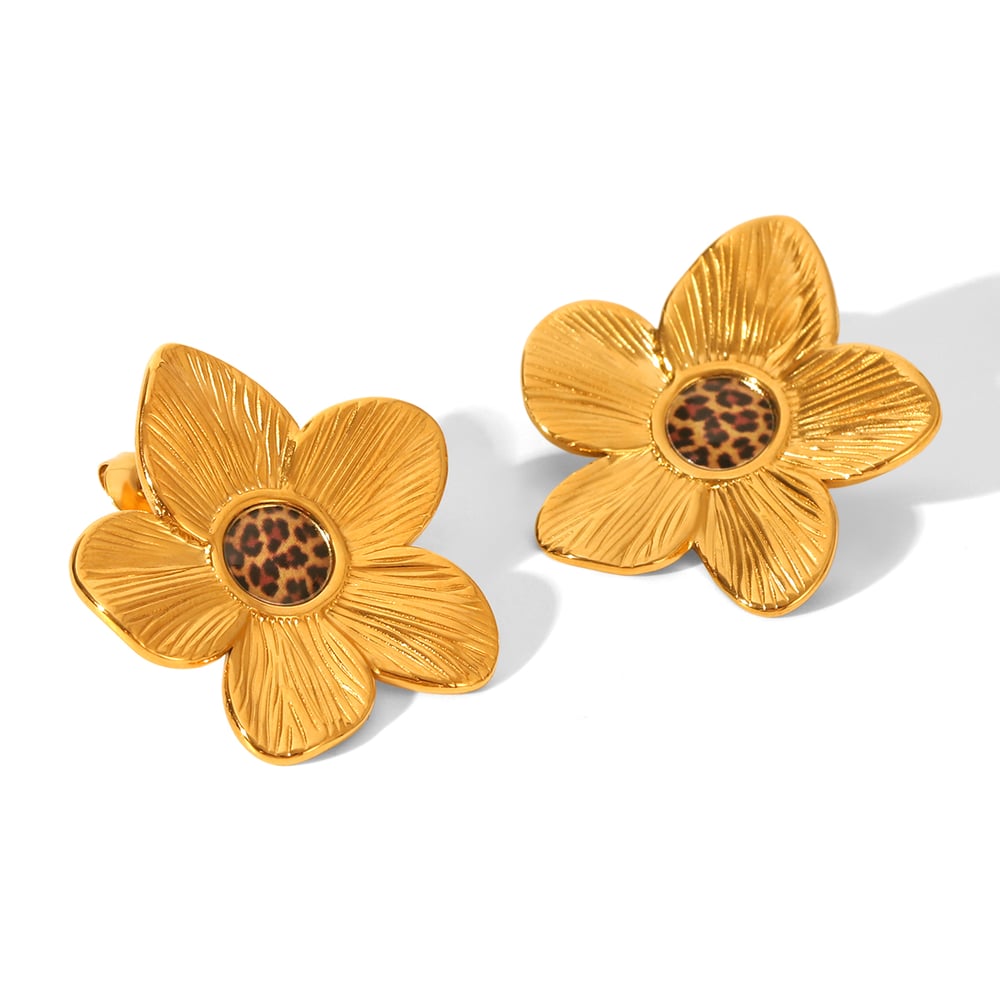 1 Pair Retro Flower Stainless Steel Leopard Gold Color Earring Set