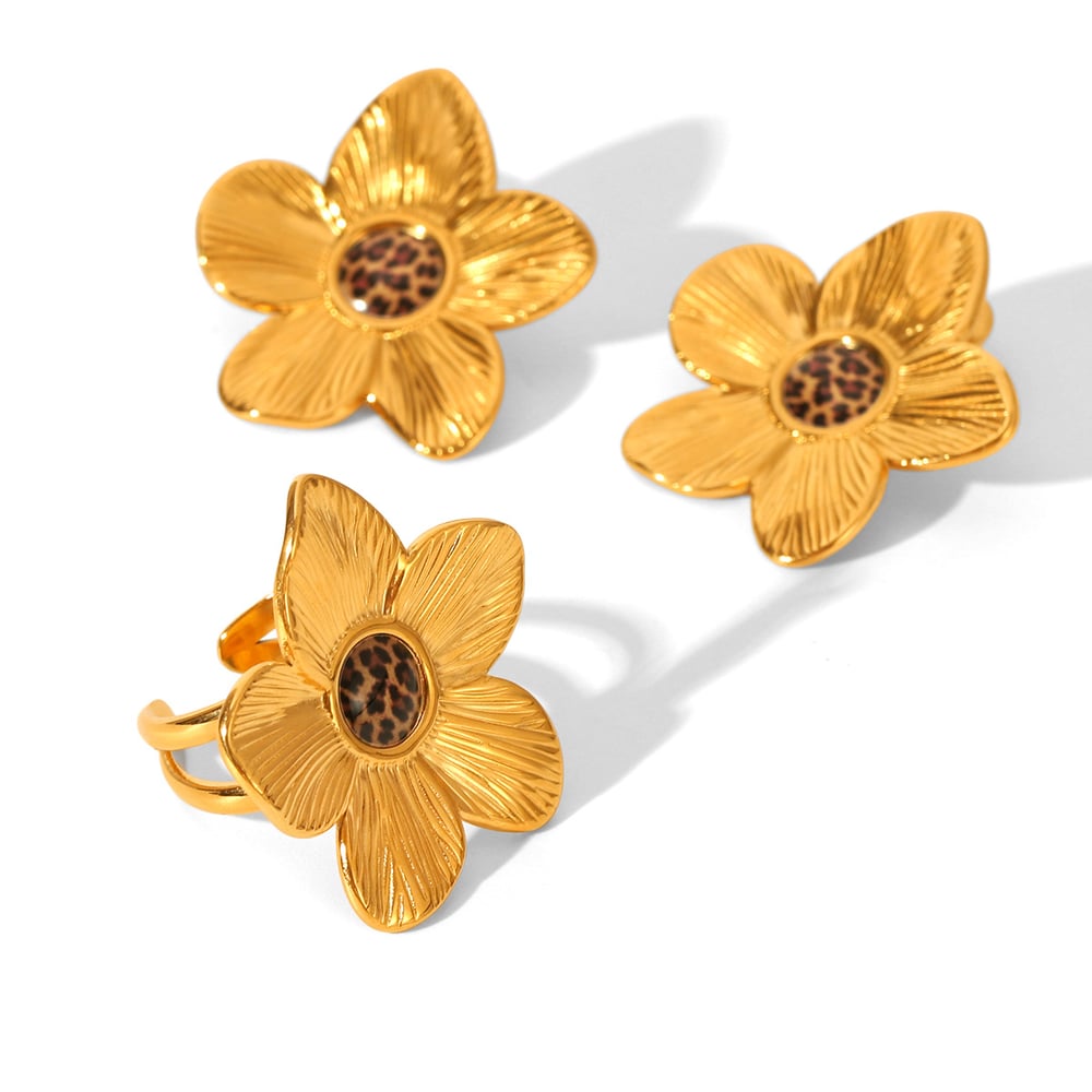 1 Pair Retro Flower Stainless Steel Leopard Gold Color Earring Set h5Picture6