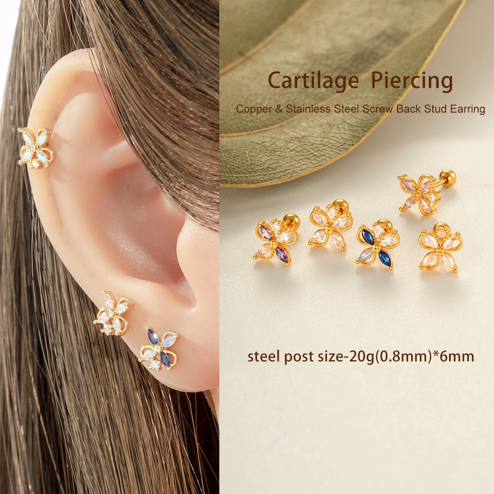 1 Piece Flower Copper Gold Color Zircon Piercing Earring Picture4