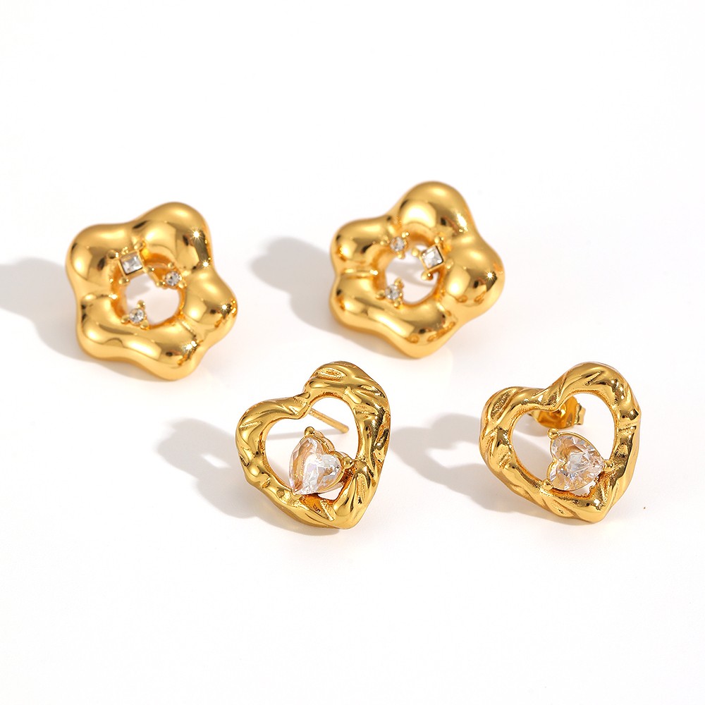 1 Pair Heart Stainless Steel  Gold Color Zircon  Stud Earrings Picture3