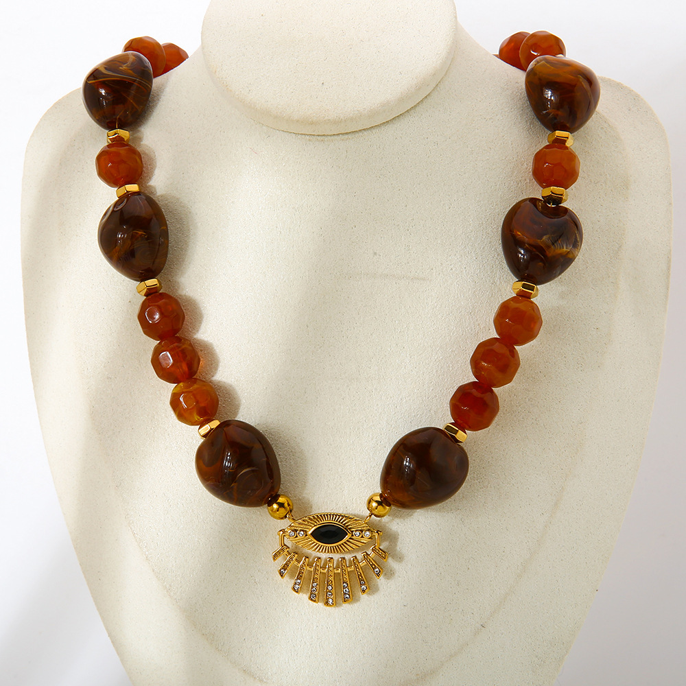 1 Piece Retro Devil's Eye Beads Stainless Steel Gold Color Women's Beaded Necklaces h5Picture4
