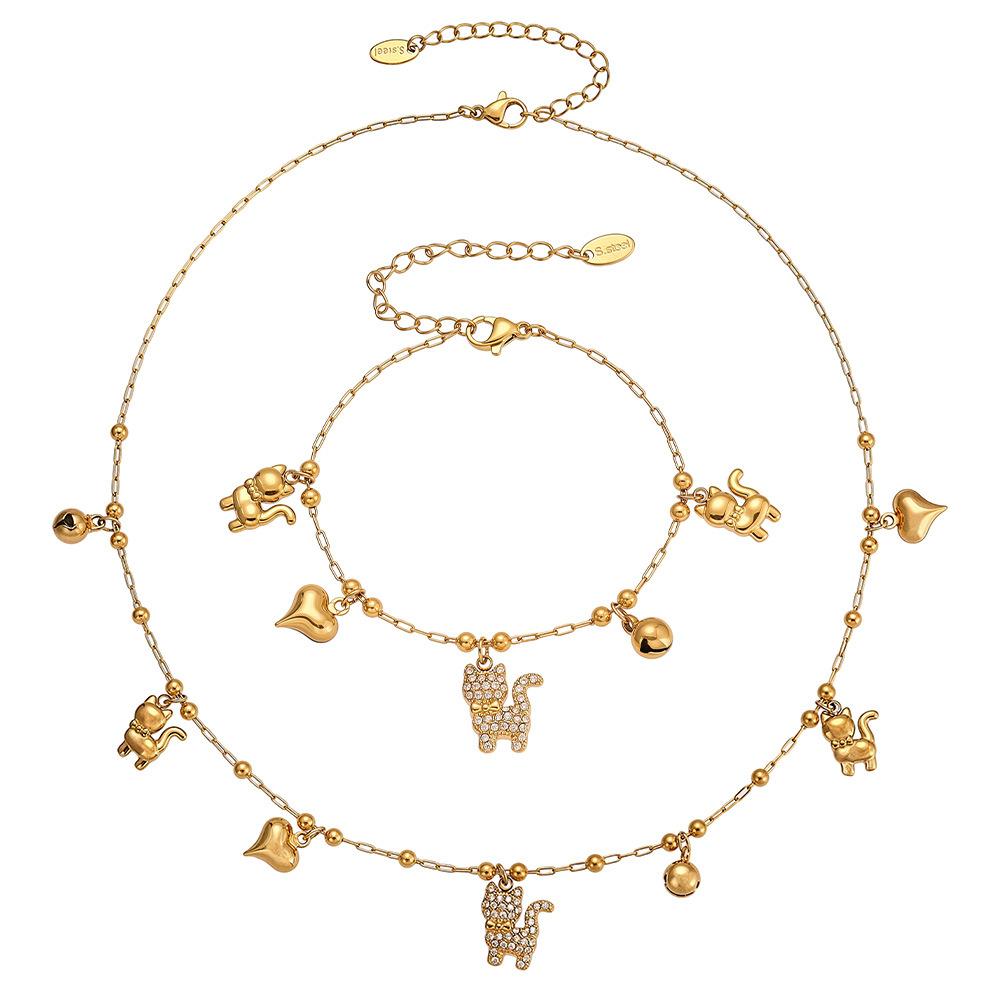Zarte süße Kätzchen Edelstahl Gold Farbe Zirkon Damen Schmuck Sets Bild7