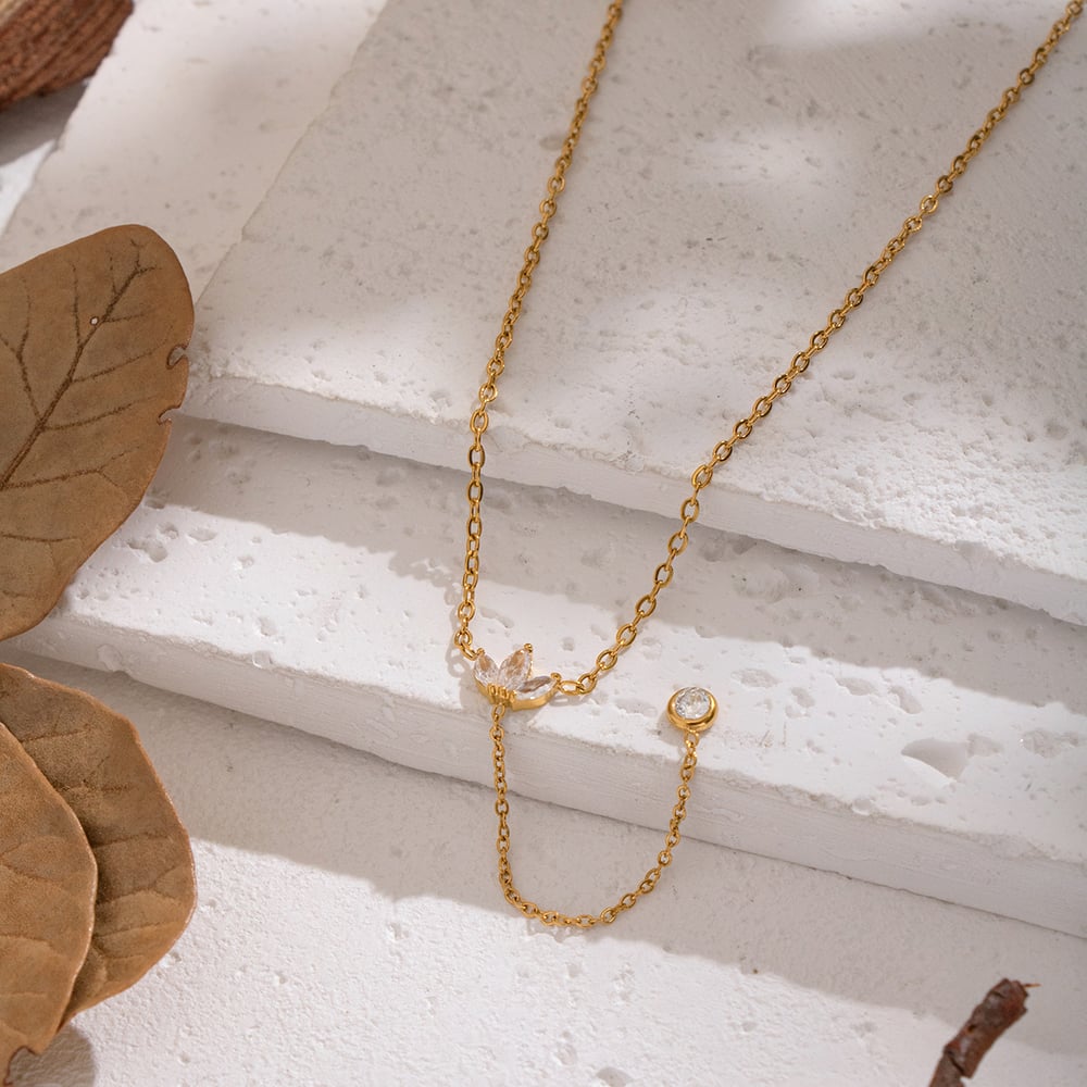 1 Piece Y-shape Flower Stainless Steel Gold Color Zircon Pendant Necklace Picture3