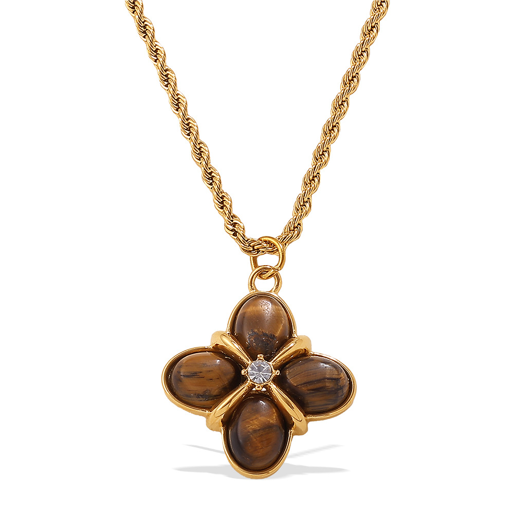 Collana con ciondolo in pietra naturale color oro in acciaio inossidabile con fiore retrò da 1 pezzo h5Immagine5