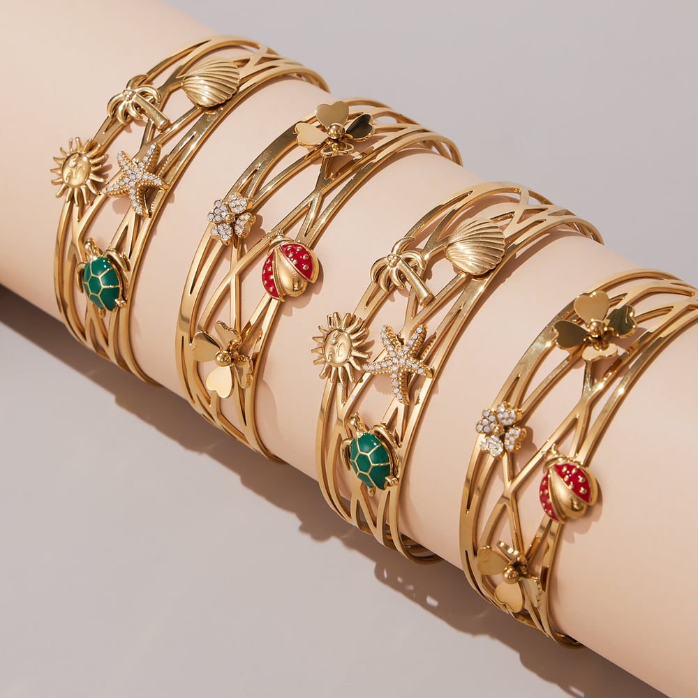 1 Piece Luxurious Ladybird Stainless Steel Gold Color Zircon Women's Cuff Bracelets Picture2