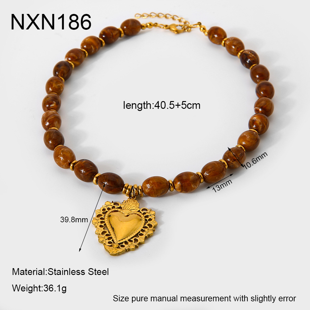 1 Piece Retro Heart Beads Acrylic Gold Color Women's Pendant Necklaces