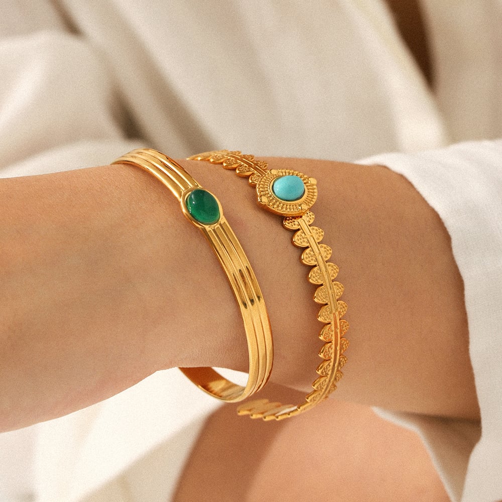 1 Piece Retro Stainless Steel Gold Color Natural Stone Cuff Bracelet Picture3