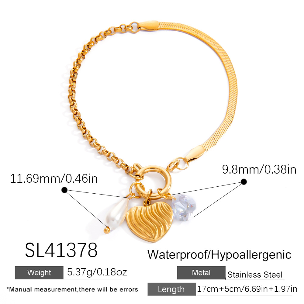 1 Piece Elegant Heart Stainless Steel Zircon Charm Bracelet