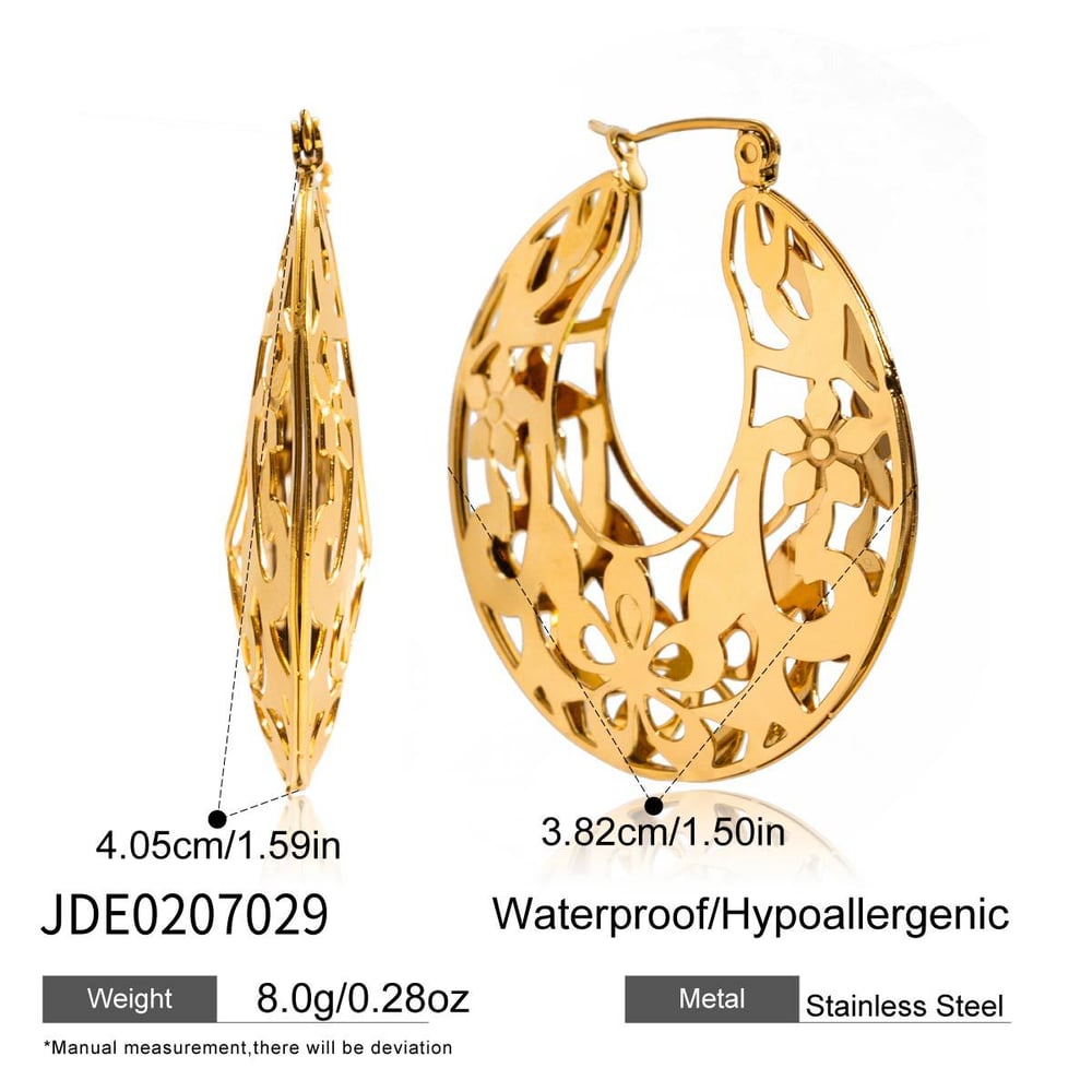1 Pair Stylish Flower Hollowed-out Stainless Steel Gold Color Women's Hoop Earrings h5Picture2