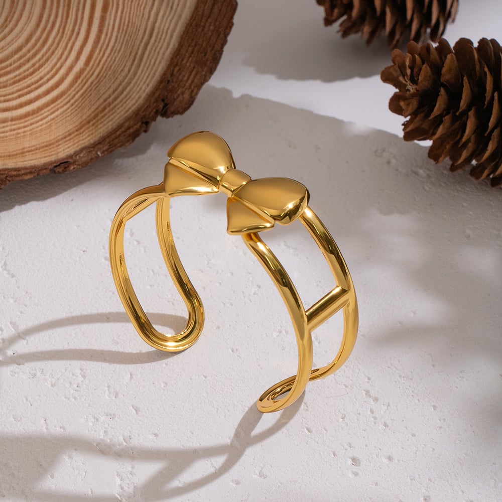 1 Piece Sweet Bow Knot Stainless Steel  Gold Color Cuff Bracelet Picture2