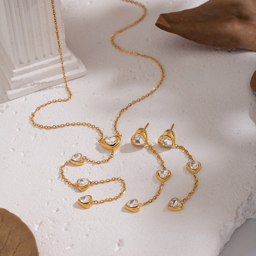 Romantic Heart Tassel Stainless Steel Gold Color Zircon Necklace Set Picture2