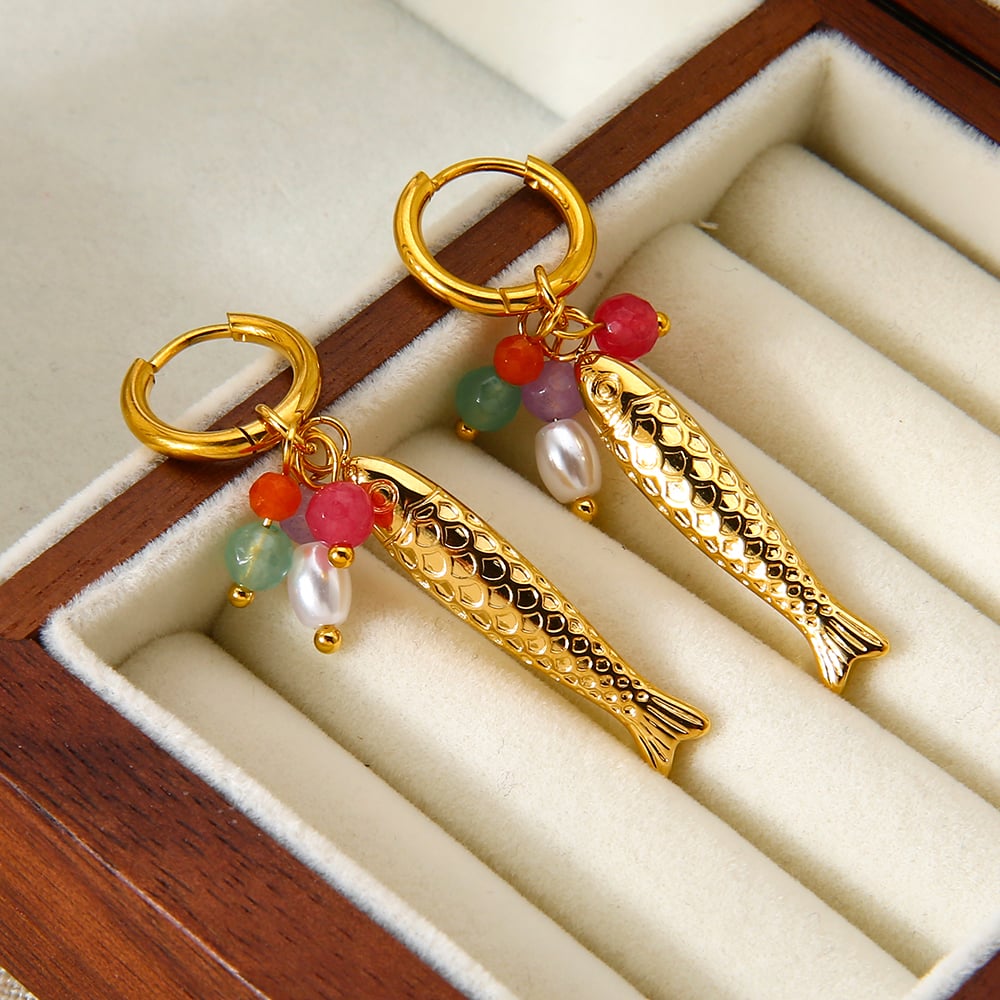 1 Paar Retro Fisch Edelstahl Gold Farbe Künstliche Perle Damen Tropfen Ohrringe h5Bild5