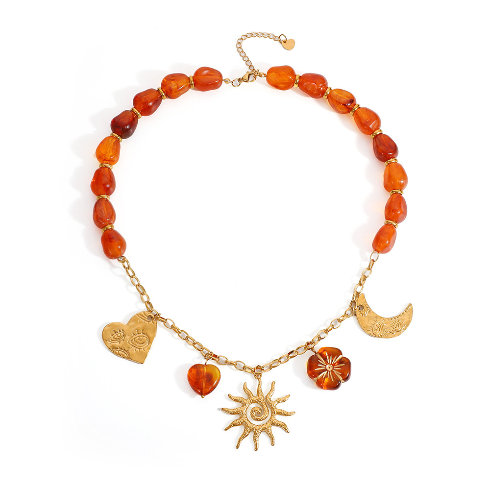 1 Stück ethnische DIY Blume Herz Sonne Edelstahl Damen Perlen Halsketten Bild5